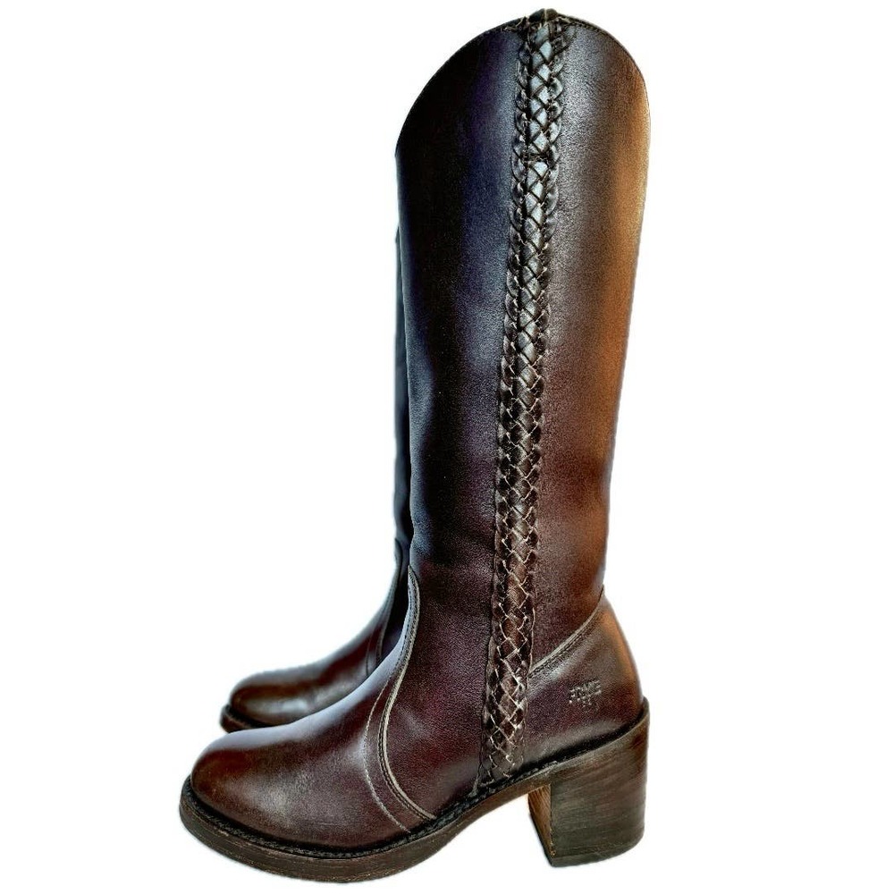 SOLD FRYE Vintage Braided Sabrina Campus Tall Knee High Brown Leather Boots 7.5 - Picture 1 of 7